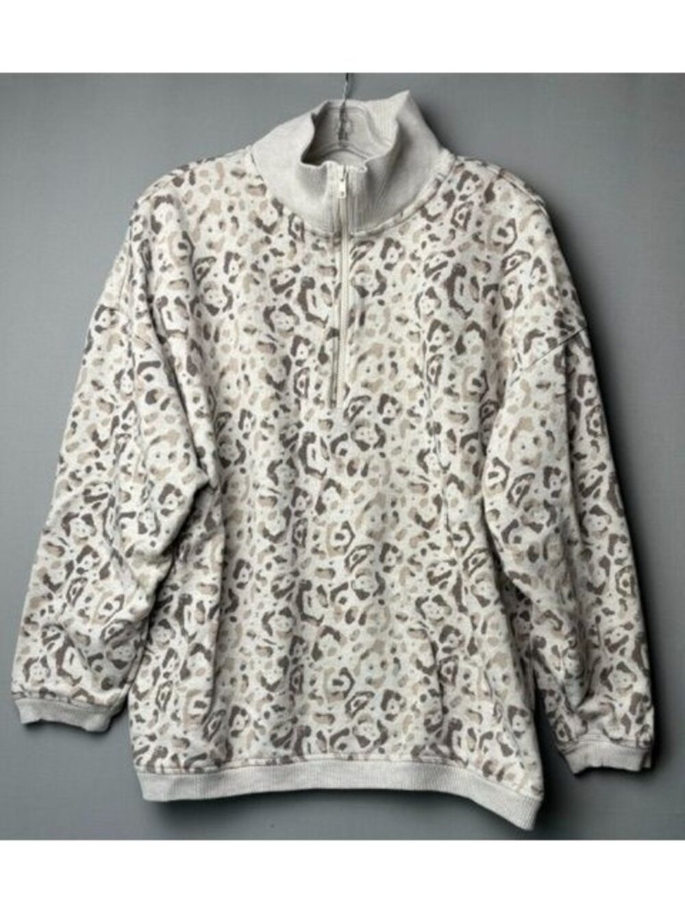 Aerie Leopard Print Quarter Zip Pullover Sweatshirt Neutral Cozy Casual M